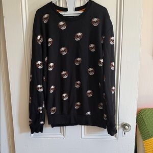Denim & Flower Black Skull 💀 Print Crew Sweater XL Halloween Ricky Singh